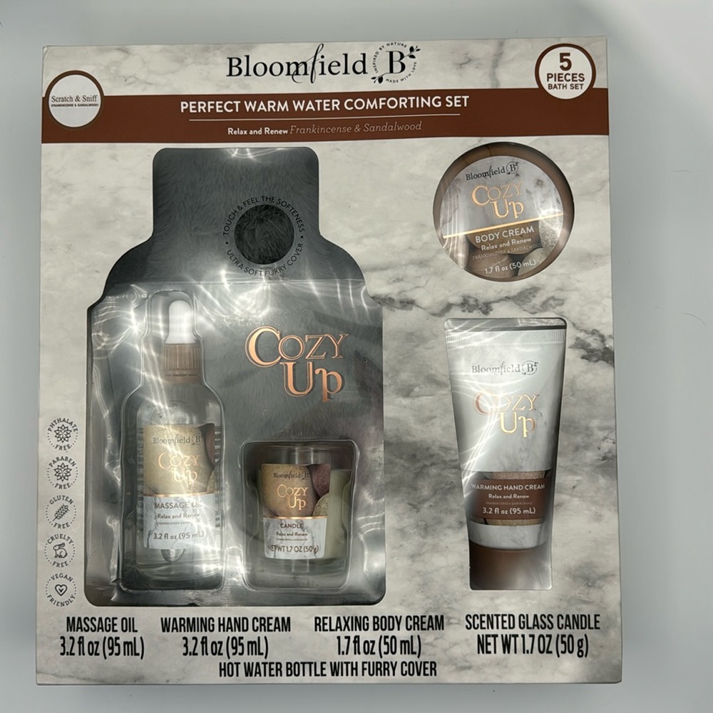 Bloomfield Perfect Warm Water Comfort gift set- hot water bottle- lotion- candle